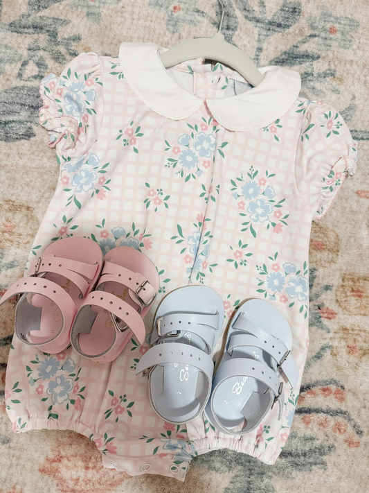 SR2878Pink Plaid Floral Baby Girls Romper Short Sleeves Cute Infant Outfit Soft Comfortable Clothing for Little Girls