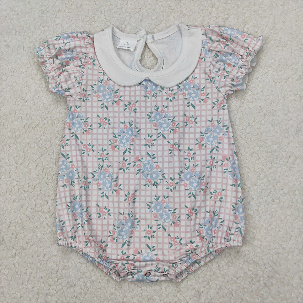 4.08 SR2878 RTS NO MOQ Baby Girls Summer Romper Short sleeves pink plaid floral baby girls romper