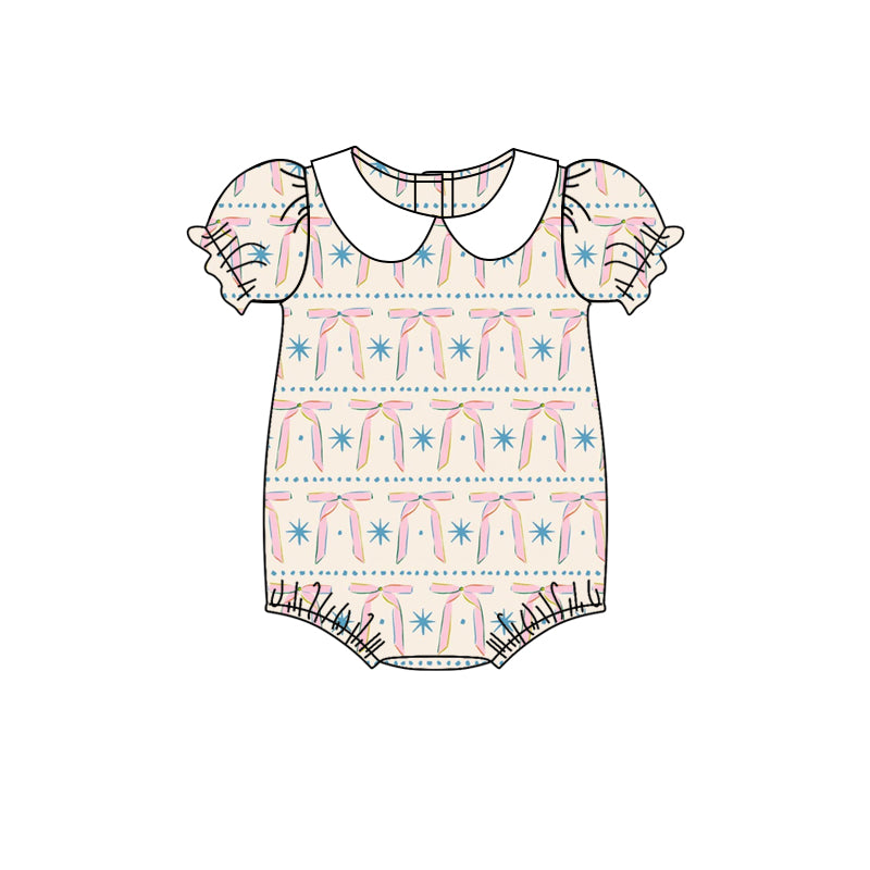 SR2879Baby Girls Romper Short Sleeves Doll Collar Bow Cute And Stylish Outfit for Little Girls