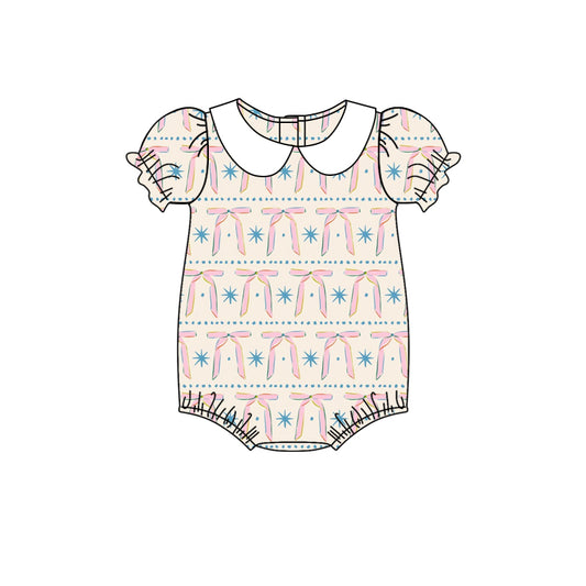 SR2879Baby Girls Romper Short Sleeves Doll Collar Bow Cute And Stylish Outfit for Little Girls