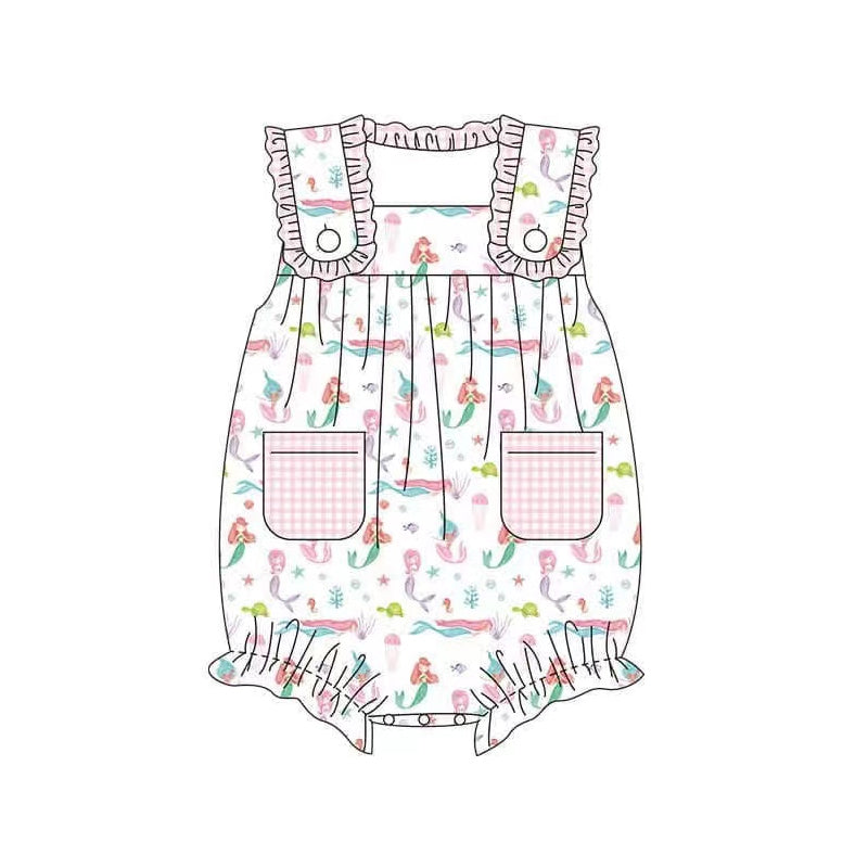 Baby Girls Sleeveless Romper with Plaid Pockets Octopus Fish Turtle Print - Comfortable Clothing for Little Ones