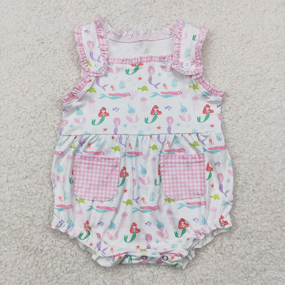 4.14 SR2880 RTS NO MOQ Baby Girls Summer Rompers  Sleeveless plaid pockets octopus fish turtle baby girls romper
