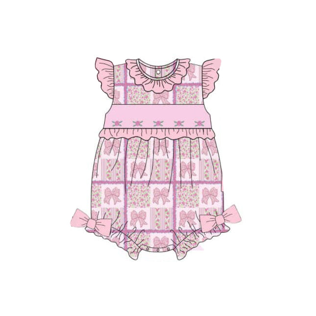 SR2882Baby Girls Romper with Floral Patchwork And Flutter Sleeves Bow Detail Soft Cotton Outfit for Infants
