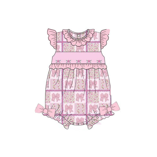 SR2882Baby Girls Romper with Floral Patchwork And Flutter Sleeves Bow Detail Soft Cotton Outfit for Infants