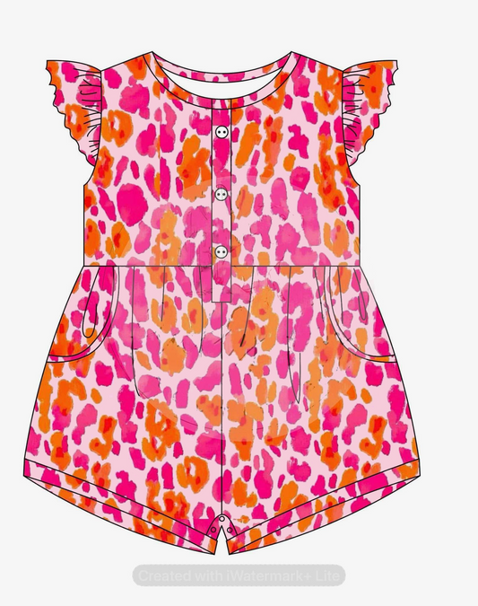 SR2887Kids Girls Leopard Print Jumpsuit with Flutter Sleeves And Pockets Fashionable Children's Clothing