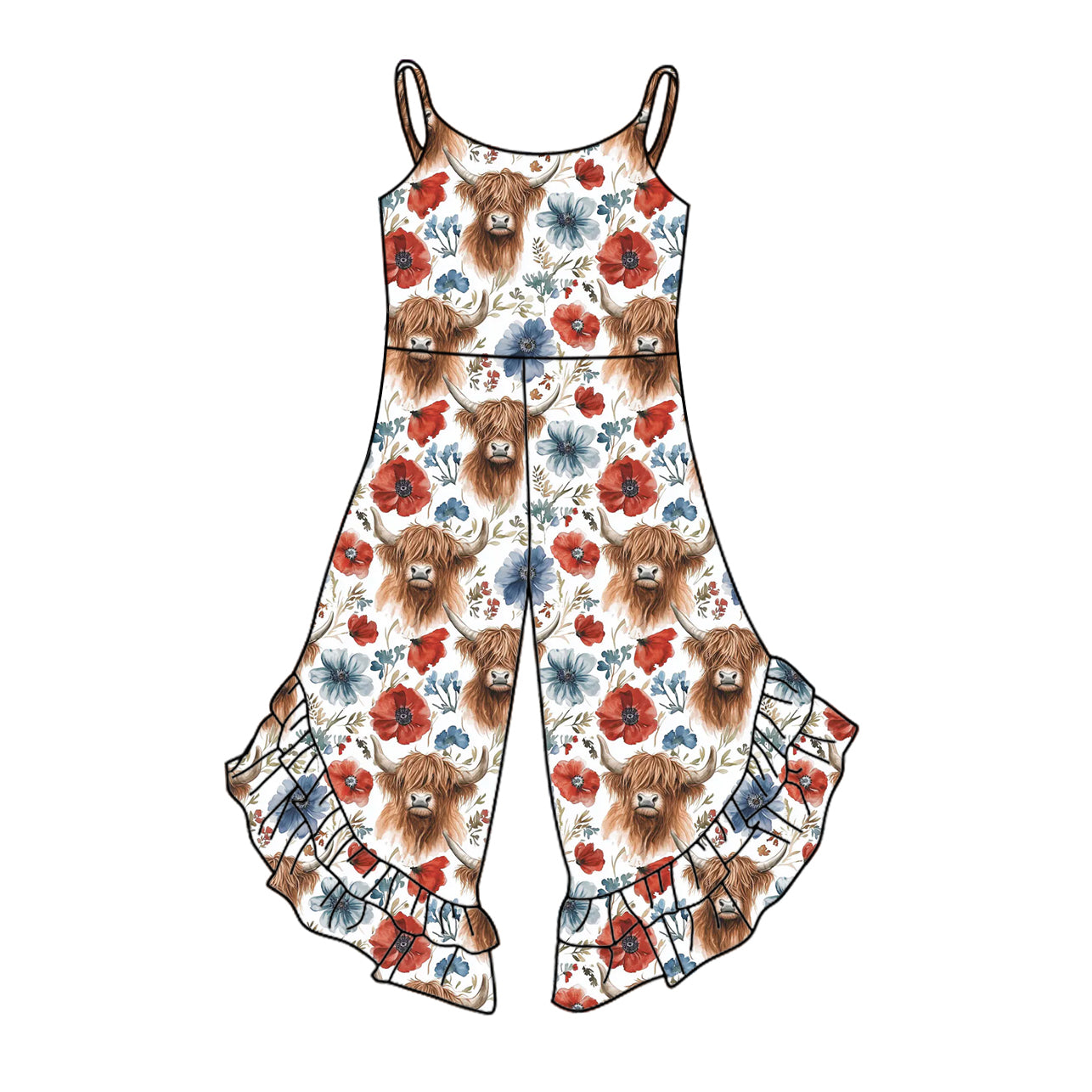 Girls Highland Cow Red Blue Floral Jumpsuit with Straps for 4th of July Celebration
