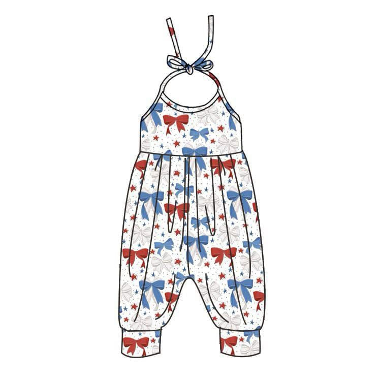 SR2889Kids Girls Red Blue Bow Halter Jumpsuit 4th of July Patriotic Clothing Halter Neck Overall Romper for Children