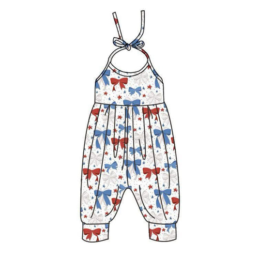 SR2889Kids Girls Red Blue Bow Halter Jumpsuit 4th of July Patriotic Clothing Halter Neck Overall Romper for Children