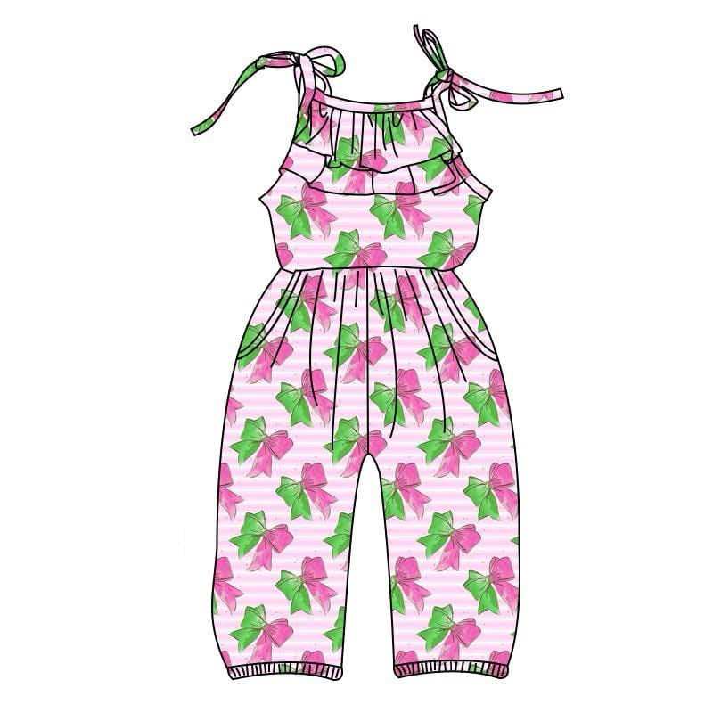 SR2890Girls Summer Jumpsuit Stripe Ruffle Green Hot Pink Bow Cute Feminine Child Romper Spring Autumn Wear for Kids