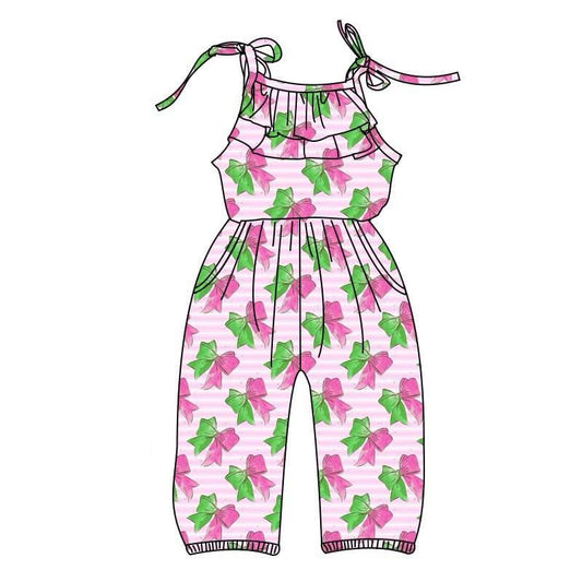 SR2890Girls Summer Jumpsuit Stripe Ruffle Green Hot Pink Bow Cute Feminine Child Romper Spring Autumn Wear for Kids