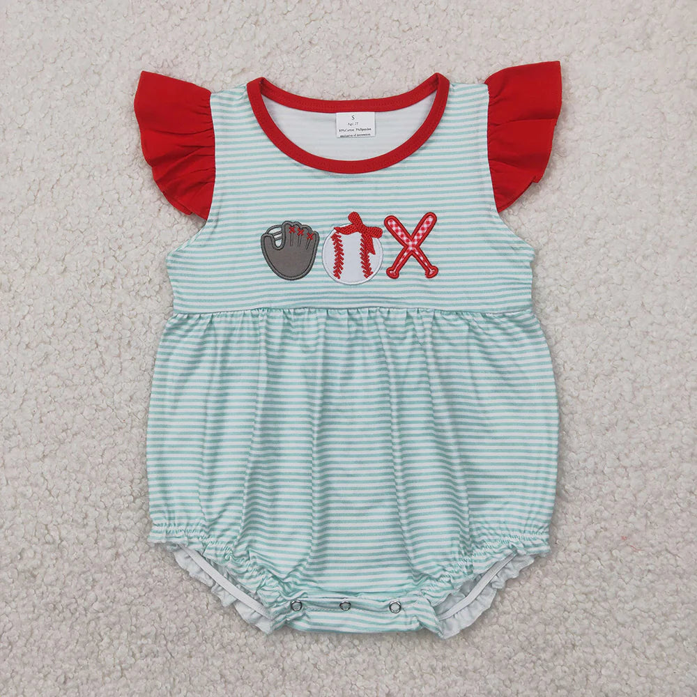 11.28 RTS Sibling Embroidery Baby Girls Baseball Summer Rompers Outfits Sets