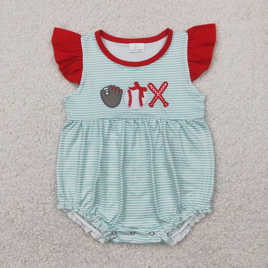 5.20 SR2892 RTS NO MOQ Baby Girls Summer Rompers  Embroidery Flutter sleeves stripe baseball baby girls romper