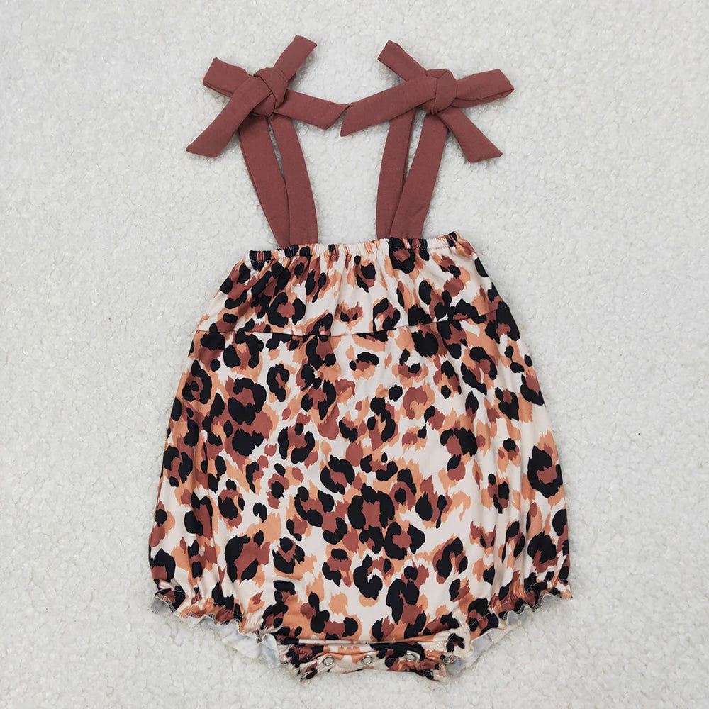 11.27 RTS Sibling Baby Girls Brown Bows Strap Leopard Rompers Outfits