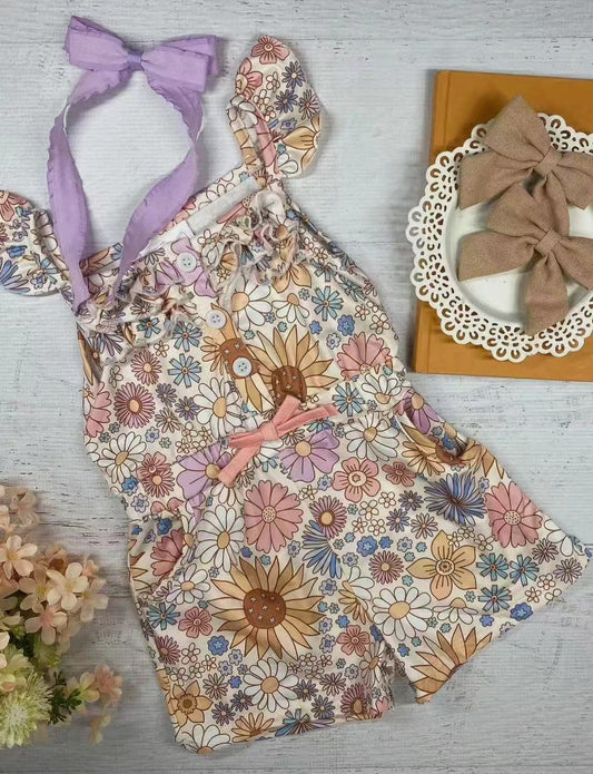 SR2914Kids Girls Floral Summer Jumpsuit with Flutter Sleeves Ruffle Detail - Soft Comfortable Clothing for Girls