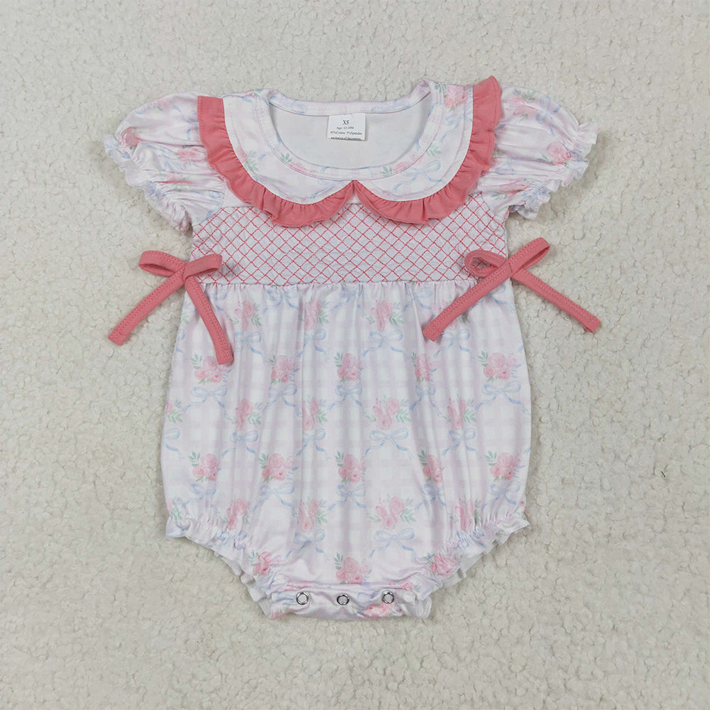 6.10 SR2917 RTS NO MOQ Baby Girls Summer Rompers EmbroideryShort sleeves floral bow plaid baby girls summer romper