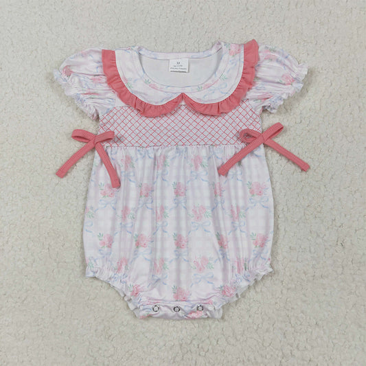 6.10 SR2917 RTS NO MOQ Baby Girls Summer Rompers EmbroideryShort sleeves floral bow plaid baby girls summer romper