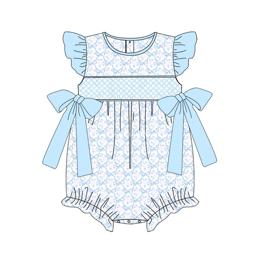 SR2918Flutter sleeves light blue bow floral baby girls romper