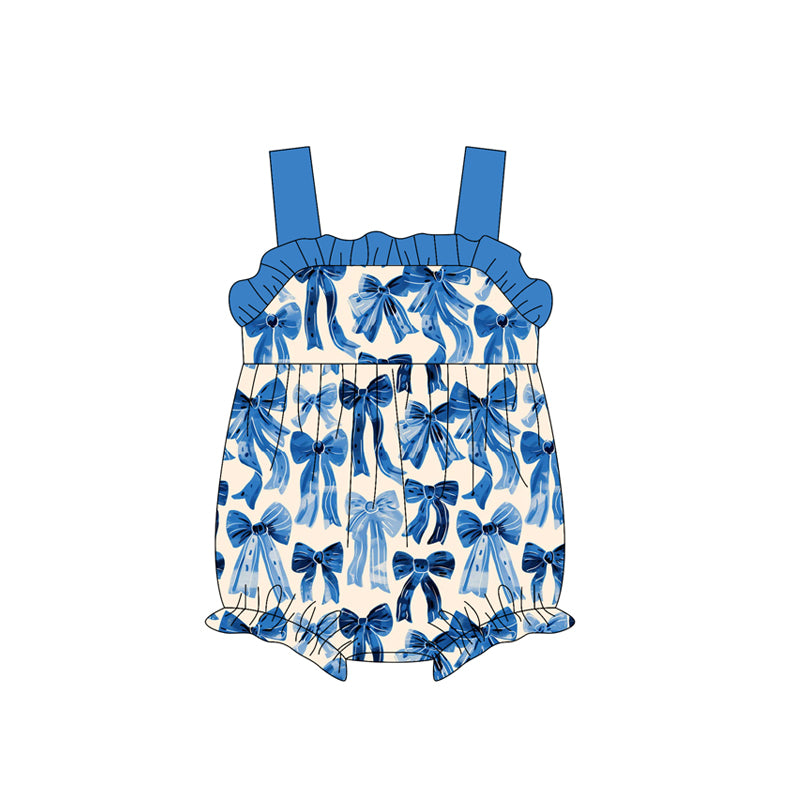 Girls Blue Ruffle Strap Bow Tunic Short Set Cute Straps Top Bottoms Matching Outfit Children's Clothing Set