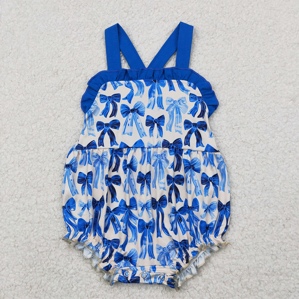 4.14 SR2919 RTS NO MOQ Baby Girls Summer Rompers Blue ruffle straps bows baby girls summer romper