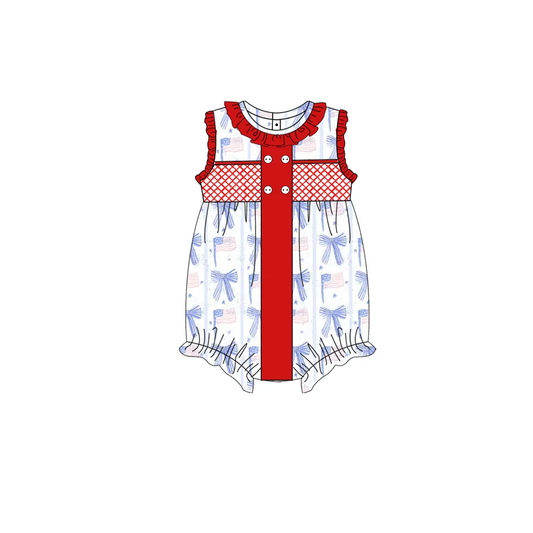 SR2920Baby Girls' Sleeveless Blue Bow Flag Romper 4th of July Outfit Toddler Girls' Independence Day Sleeveless Romper