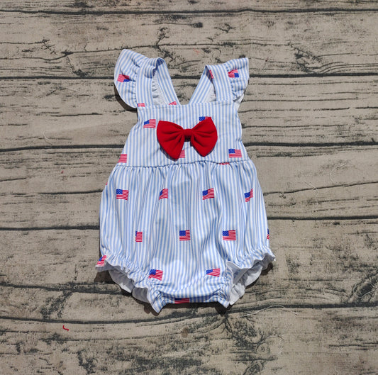 4.24 SR2921 Sample 10days Arrived RTS Flutter sleeves stripe flag baby girls 4th of july romper