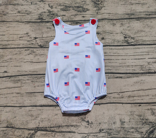 4.24 SR2922 Sample 10days Arrived RTS Baby Infant Boys Sleeveless Blue Stripe Flags 4th Of July Rompers