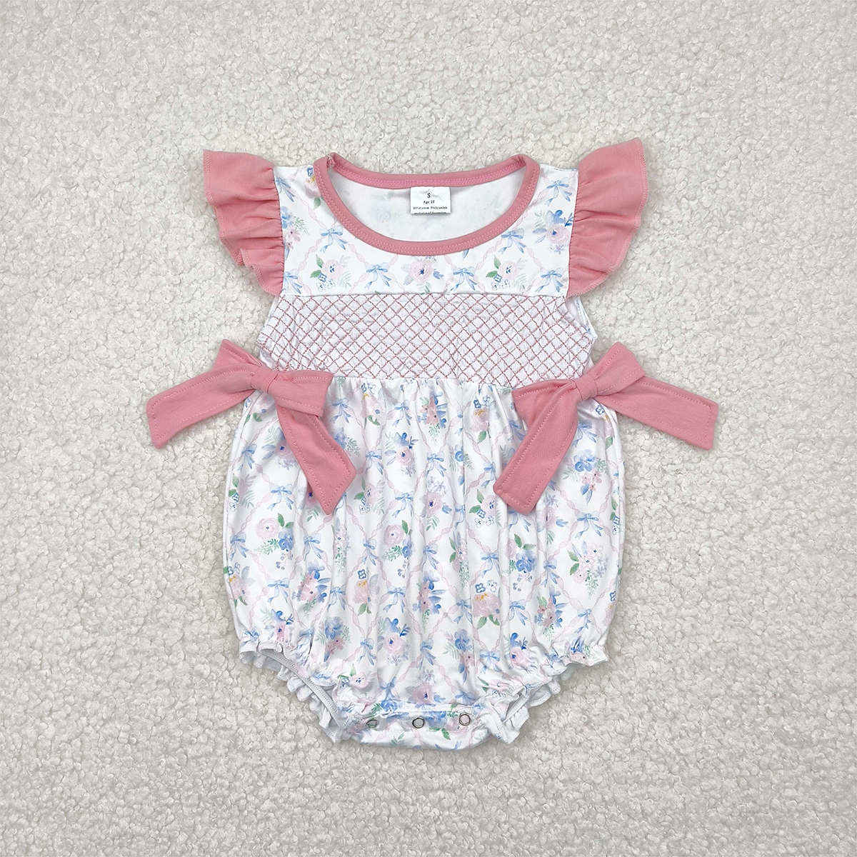 4.23 SR2923 RTS NO MOQ Baby Girls Summer Rompers Embroidery Baby Infant Girls Pink Flutter Sleeves Floral Bows Top Ruffle Rompers