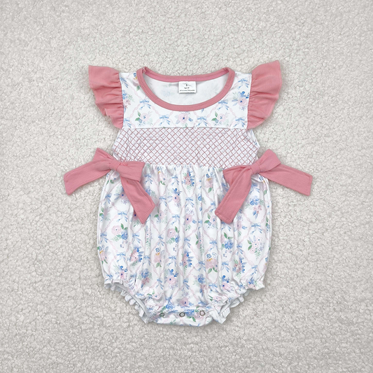 4.23 SR2923 RTS NO MOQ Baby Girls Summer Rompers Embroidery Baby Infant Girls Pink Flutter Sleeves Floral Bows Top Ruffle Rompers