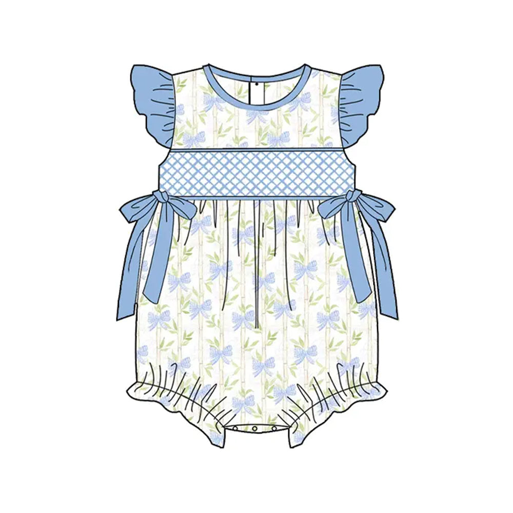 SR2924Baby Girls Summer Romper with Blue Bow And Flutter Sleeves Cute Infant Outfit for Warm Weather