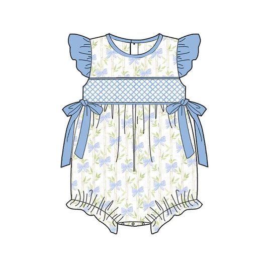SR2924Baby Girls Summer Romper with Blue Bow And Flutter Sleeves Cute Infant Outfit for Warm Weather
