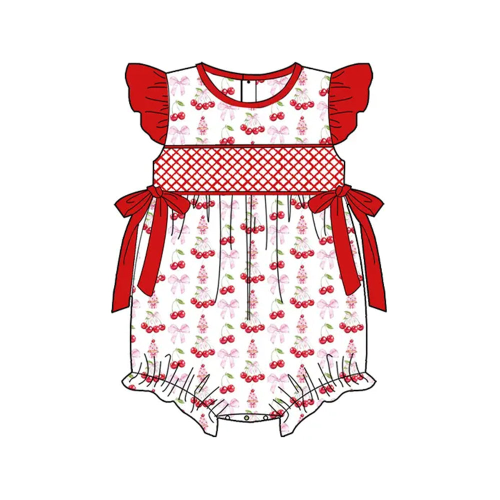 SR2925Baby Girls Summer Romper with Flutter Sleeves Red Cherry Bow Cute And Stylish Infant Clothing for Little Girls