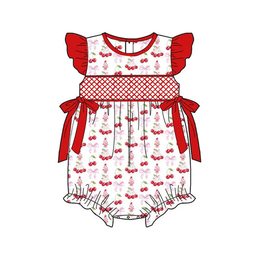 SR2925Baby Girls Summer Romper with Flutter Sleeves Red Cherry Bow Cute And Stylish Infant Clothing for Little Girls