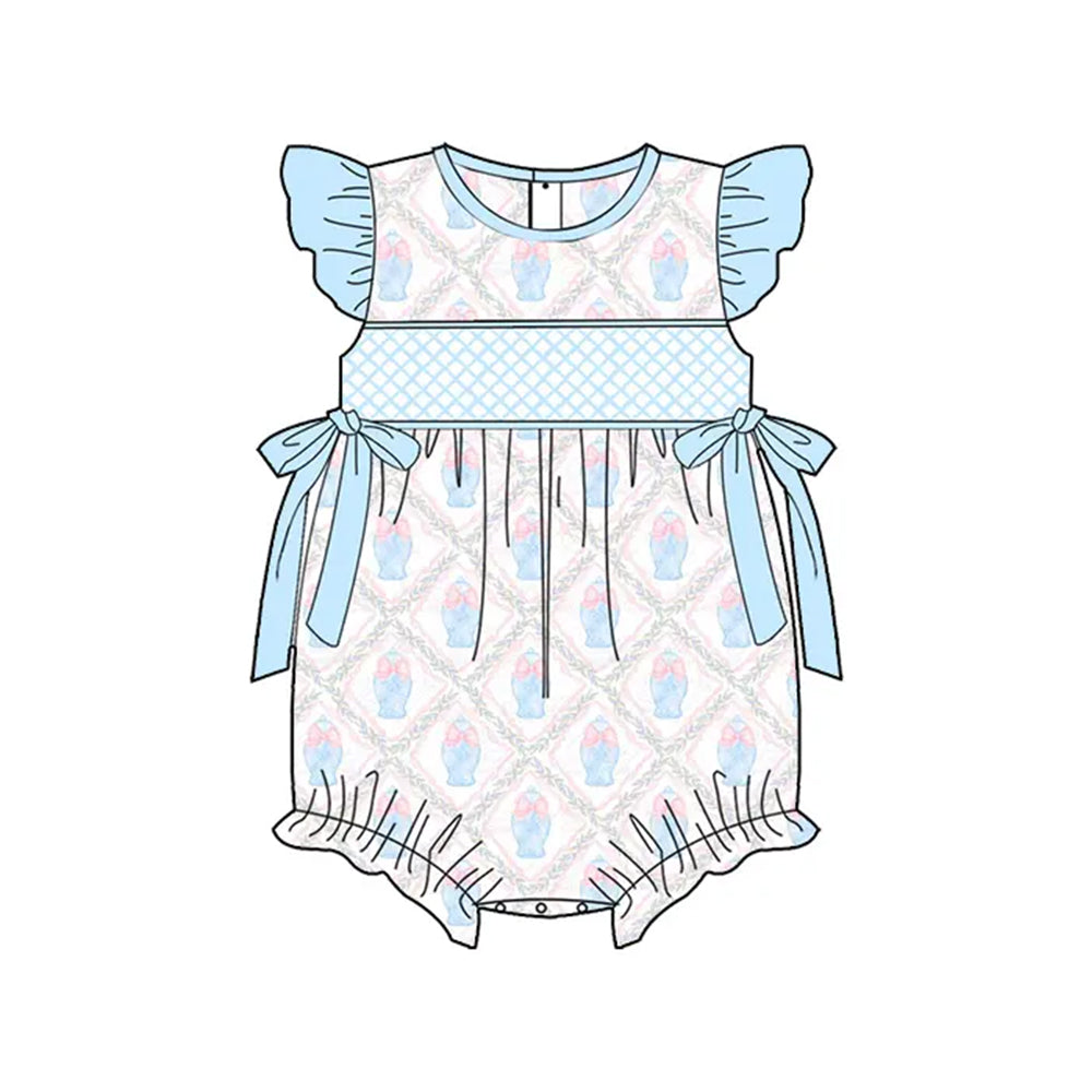 SR2926Baby Girls Summer Romper with Pink Bow And Flutter Sleeves for Little Girls