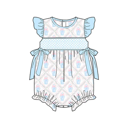 SR2926Baby Girls Summer Romper with Pink Bow And Flutter Sleeves for Little Girls