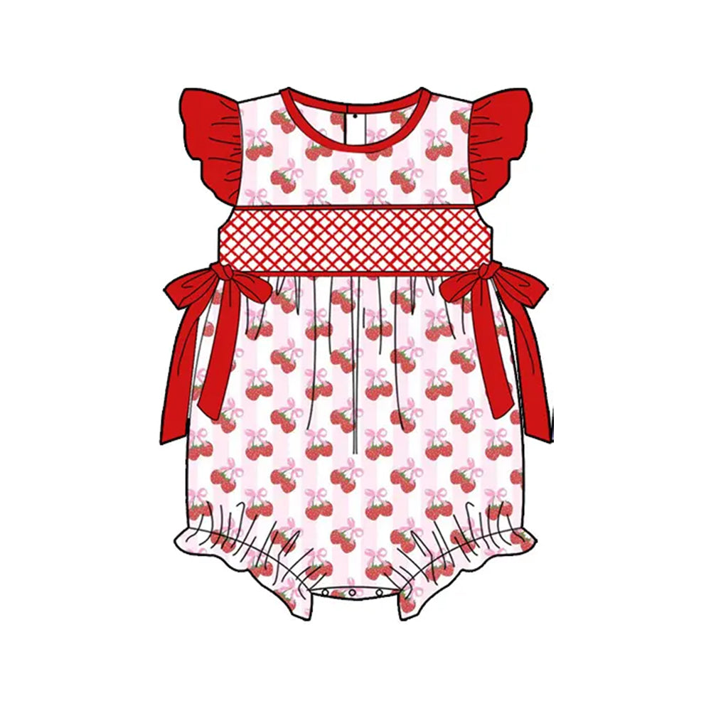 SR2927Baby Girls Summer Romper with Flutter Sleeves And Strawberry Bow Cute And Fashionable Clothing for Little Ones