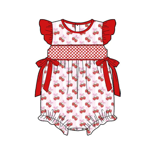 SR2927Baby Girls Summer Romper with Flutter Sleeves And Strawberry Bow Cute And Fashionable Clothing for Little Ones