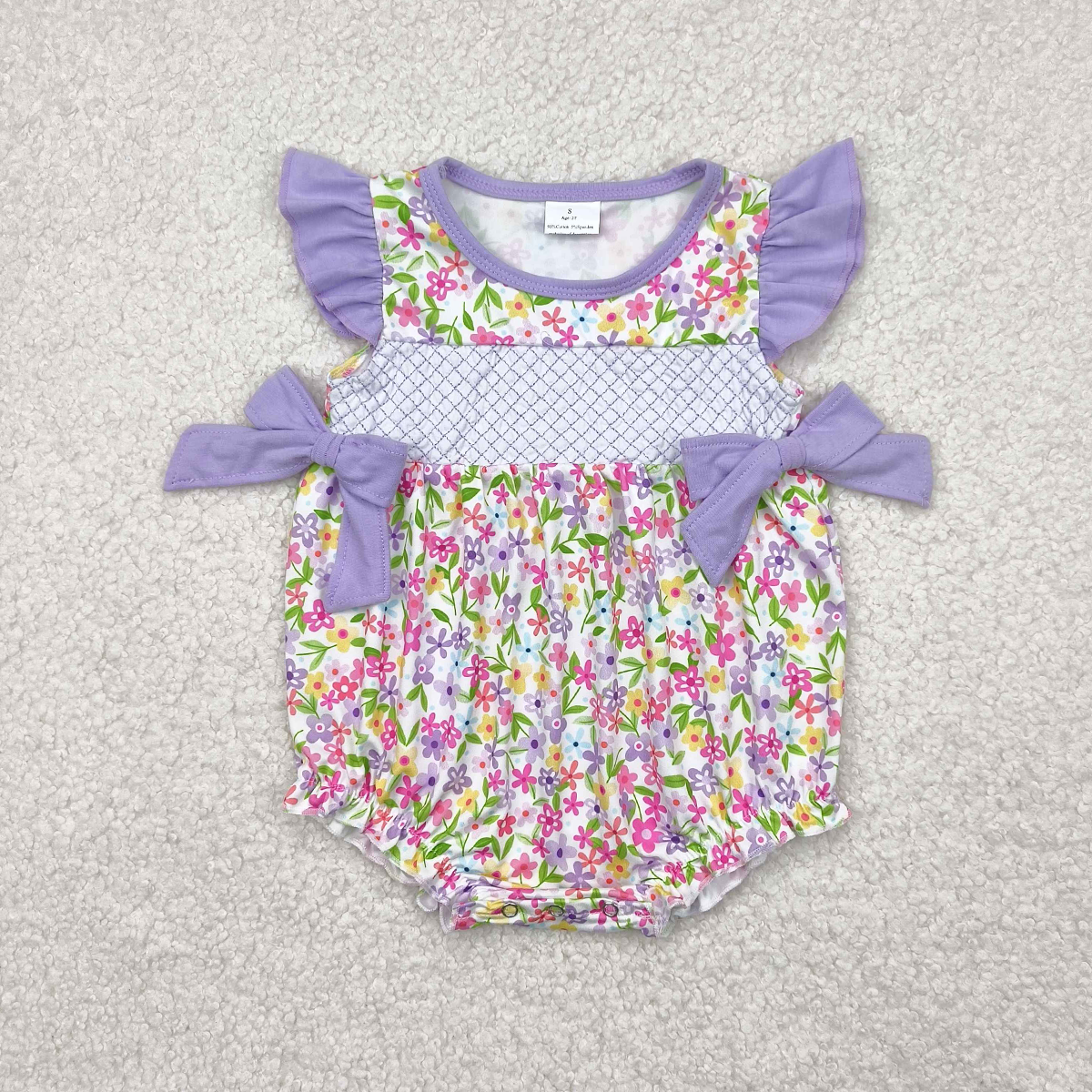 4.23 SR2928 RTS NO MOQ Baby Girls Summer Rompers Embroidery Baby Infant Girls Lavender Flutter Sleeves Floral Bows Top Ruffle Rompers
