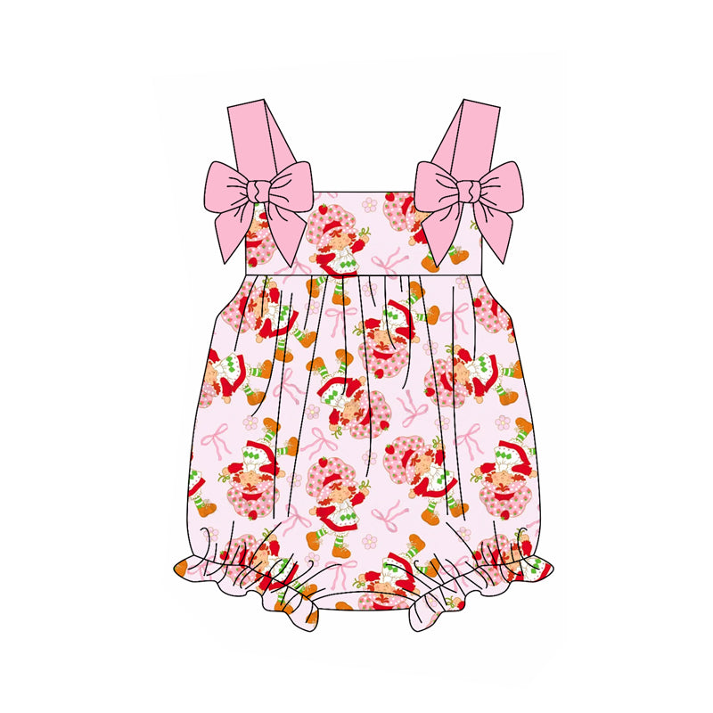 Girls Pink Straps Bow Tunic Short Set Strawberry Bow Design Cute Children's Clothing Outfit