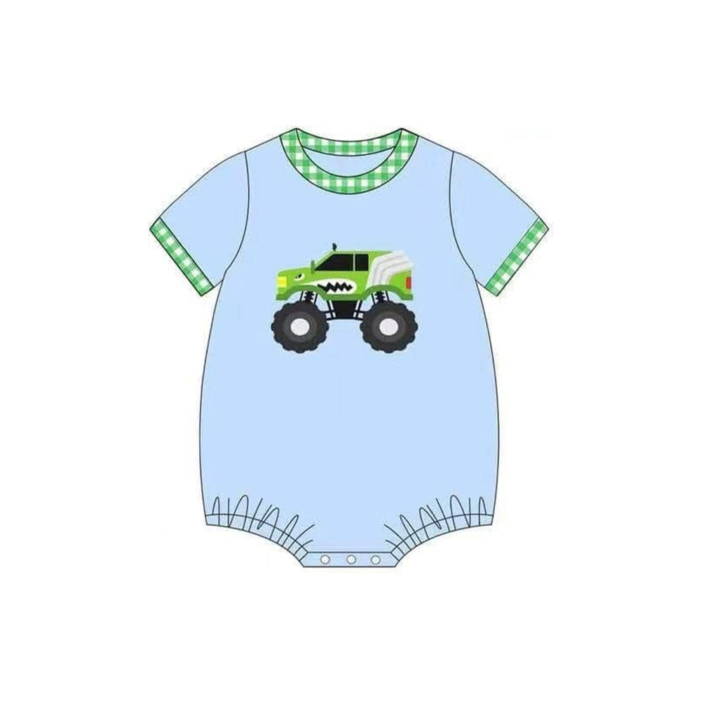 SR2937Baby Boy Green Plaid Short Sleeve Truck Romper Summer Outfit Cute Children's Clothing