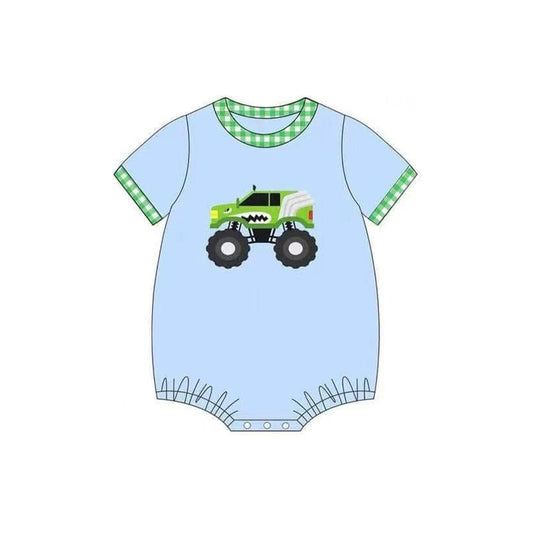 SR2937Baby Boy Green Plaid Short Sleeve Truck Romper Summer Outfit Cute Children's Clothing
