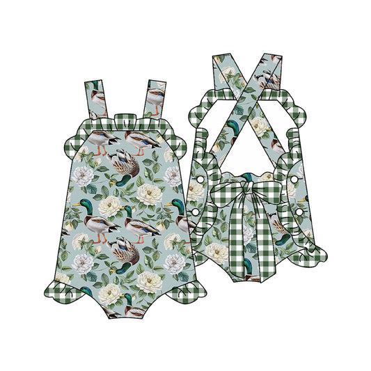 SR2940Baby Girls Green Plaid Ruffle Duck Floral Romper Summer Outfit Soft Cotton Clothing for Infants