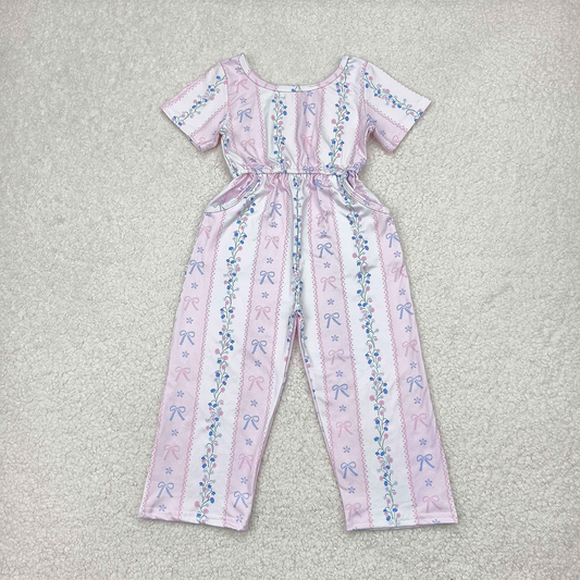 SR2941 RTS NO MOQ Baby Girls Summer Jumpsuits Baby Girls Pink Jumpsuit with Short Sleeves Bows Floral Pockets Cute Baby Outfit for Girls