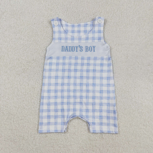 RTS NO MOQ （In stock）SR2945 Baby Boys Summer Rompers Light Blue Plaid Sleeveless Dad's Boy Romper