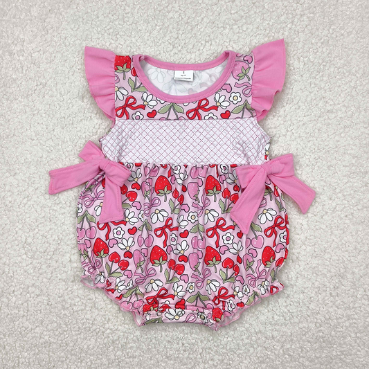 4.24 SR2953 RTS NO MOQ Baby Girls Summer Rompers Flutter sleeves floral strawberry bow girls summer romper