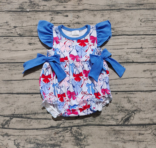 4.23 SR2954 Sample 10days Arrived RTS Flutter sleeves red blue bow baby girls 4th of july romper