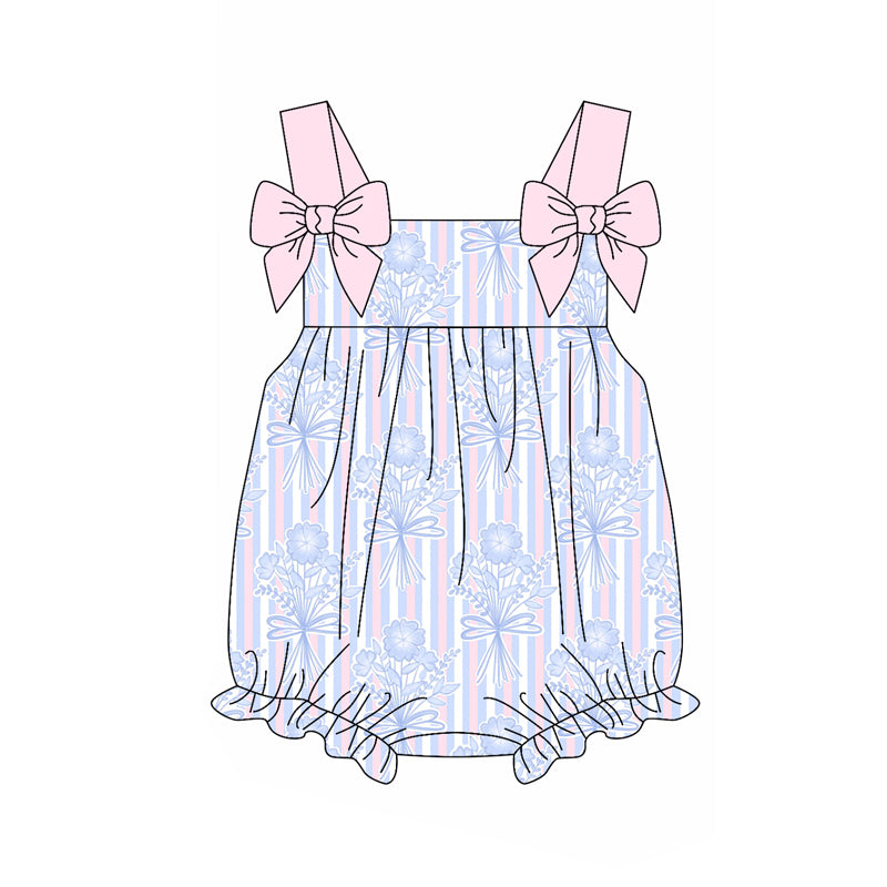 pre order Girls Striped Floral Tunic Ruffle Shorts Outfit with Straps - Spring/Summer Children's Clothing Set