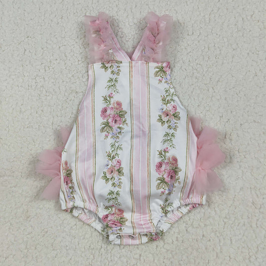 RTS NO MOQ （In stock）SR2964 Baby Girls Summer Rompers Baby Infant Girls Pink Tulle Strap Floral Stripe Ruffle Rompers