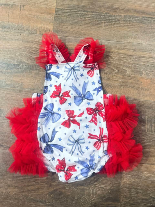SR2965 Pre order Baby Infant Girls Red Tulle Strap Bows Stars 4th Of July Ruffle Rompers