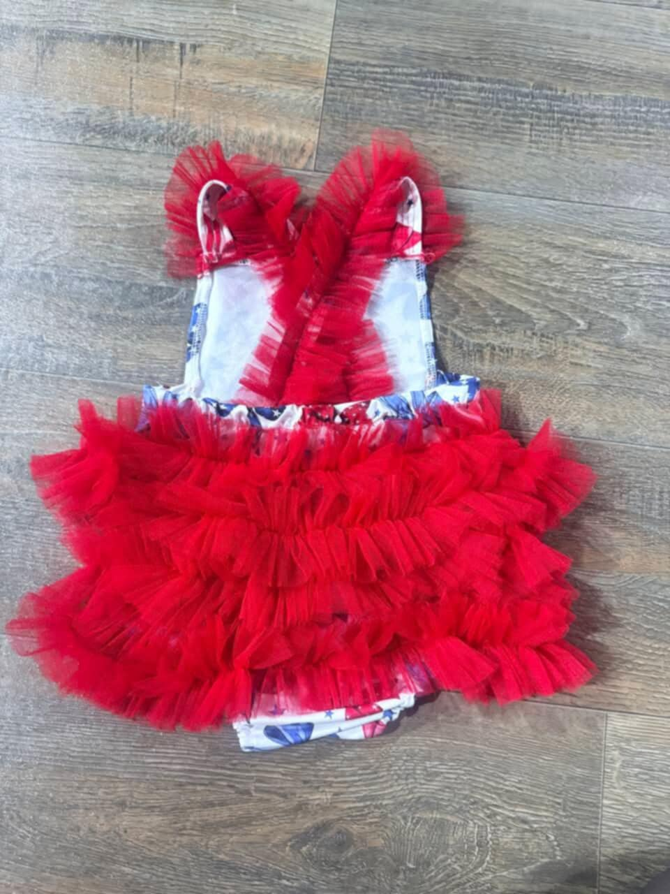 SR2965 Pre order Baby Infant Girls Red Tulle Strap Bows Stars 4th Of July Ruffle Rompers