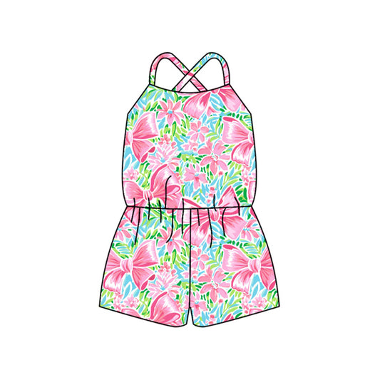 5.27 SR2966 Pre order Pink Floral Bow Baby Girls Summer Jumpsuit with Straps Cute Infant Outfit for Little Girls